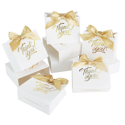 KPOSIYA Small Gift Bags, 50 Pack Small Thank You Bags 4.5x1.8x3.9 Inches Party Favor Bag White Paper Candy Boxes with Bow Ribbon,Mini Gift Box for Wedding Baby Shower Birthday Bridal Business Party