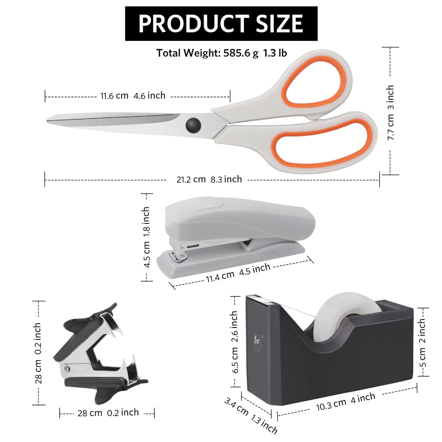 Asdirne Office Supplies Kit, Desk Accessory Set, Including 2 Scissors, 1 Stapler,1000 Pieces 26/6 Staples, 1 Staple Remover, 1 Tape Dispenser and 1 Tape, Perfect Office Partners