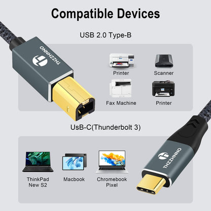 Thzzhnno USB B to USB C Printer Cable 15FT/5M, USB C to USB 2.0 B Cord for MacBook Pro, MIDI Cable for Yamaha Casio Digital Piano, MIDI Keyboard, DJ Controller