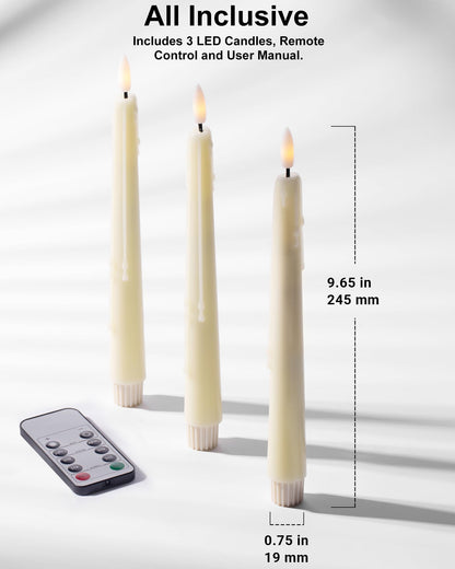 Stmarry 3 Pack Flameless Taper Candles with Remote and Timer - 9.65 Inch Ivory Real Wax LED Candlesticks - Wax Drip Battery Operated Tall Taper Candles with 3D Flickering Flame