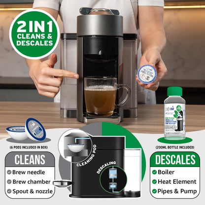 Caffenu Descaling Kit Compatible with Nespresso Vertuo 2 Uses Descaling Solution and 6 Cleaner Pods. Removes Limescale & Cleans Pod Area. Better Tasting & Hotter Coffee. 4 Month Supply.