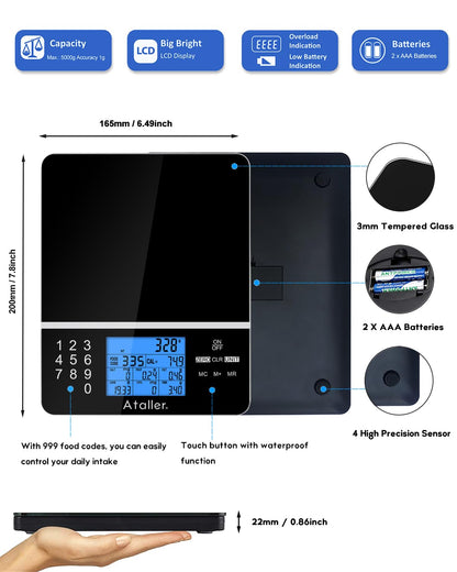Ataller Food Scale with Nutritional Calculator, Kitchen Diet Scale, Digital Food Calorie Counting Scale for Meal Prep, Kitchen, Baking, Weight Loss, Resolution 1g, Max 5kg 11Ib, Tempered Glass, Black