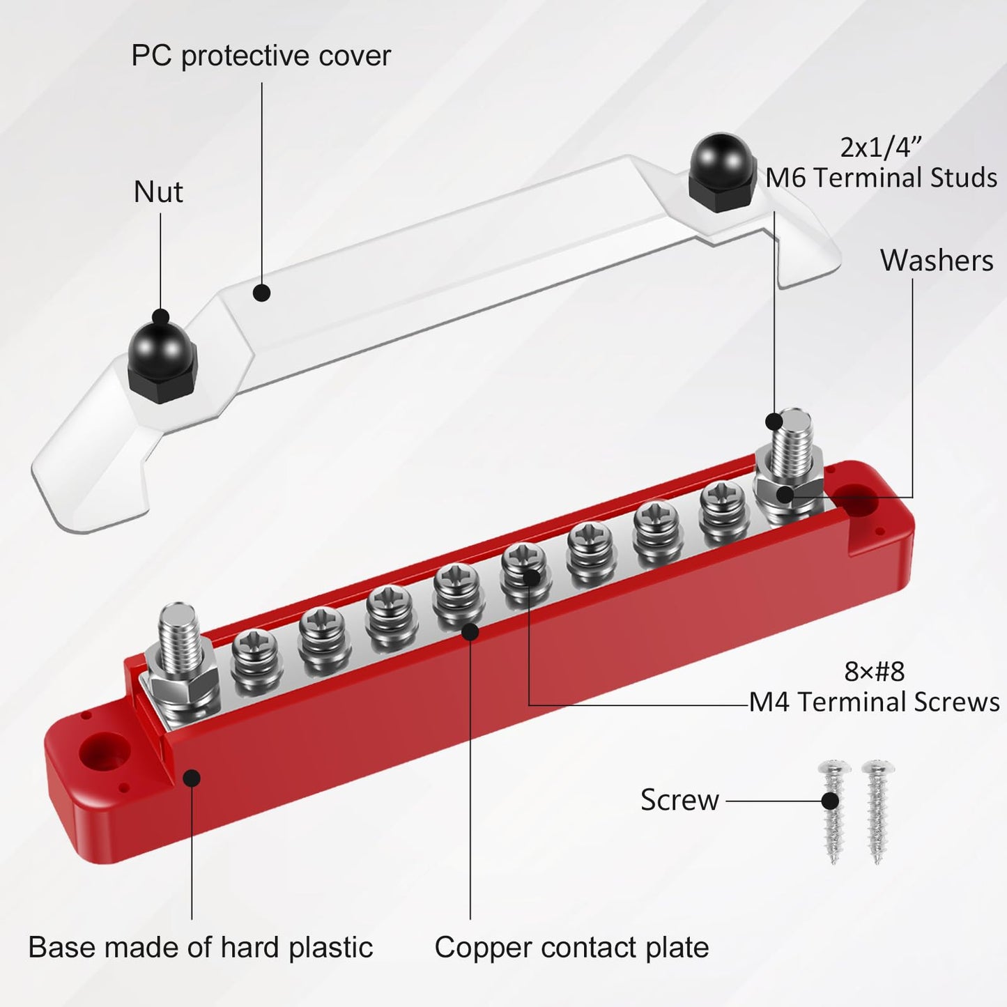 150A 12V Bus Bar with Cover Power Distribution Block 2 x M6(1/4 inch) and 8 x M4(#8) Battery Busbar for Automotive Car Boat