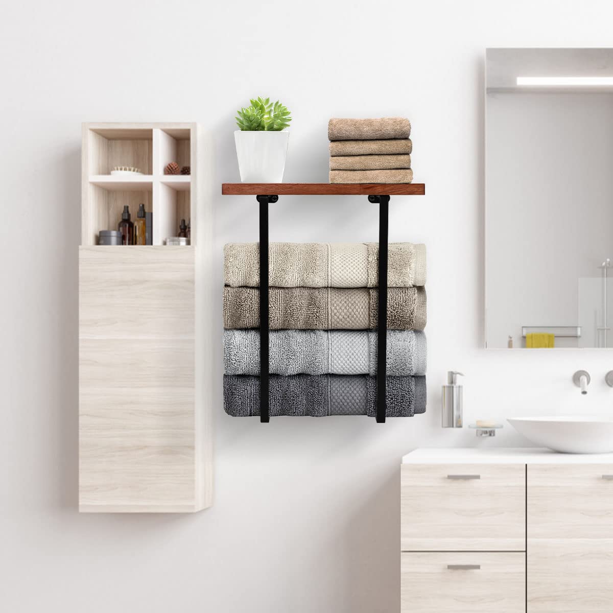 DAZUINIAO Towel Racks for Bathroom Wall Mounted Towel Rack with Wooden Shelf Towel Holder for Rolled Towels Metal Towel Storage Black