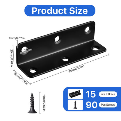 Worldity 15 Pcs Corner Brace, 3.15 x 0.78 Inch Black L Bracket, Stainless Steel Corner Bracket with 90 Pcs Screws, 90 Degree Black Angle Bracket for Wooden Furniture, Shelf, Bed, Desk, Chair
