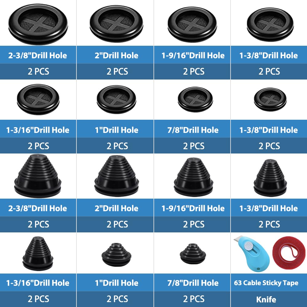 Vrupin 32 Piece Closed Rubber Grommet Firewall Solid Closed Hole Plug Kit, Tower and Round Double Sided Rubber Hole Plugs for Wire Electrical Plumbing Systems.
