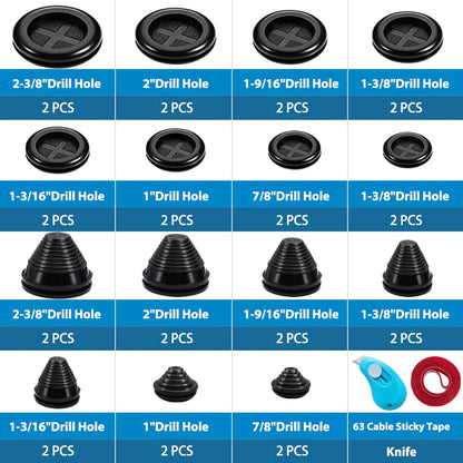 Vrupin 32 Piece Closed Rubber Grommet Firewall Solid Closed Hole Plug Kit, Tower and Round Double Sided Rubber Hole Plugs for Wire Electrical Plumbing Systems.