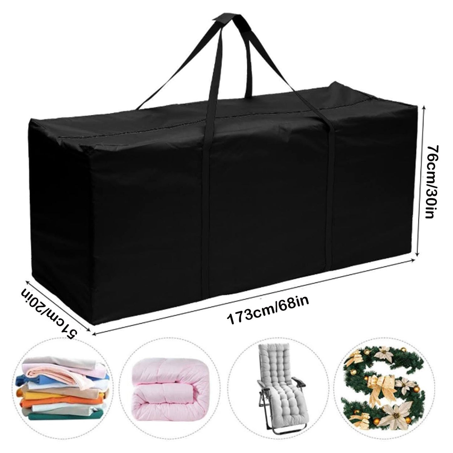 Black Waterproof and Dustproof Oxford Cloth Storage Bag (68x20x30 Inches), Outdoor Patio Cushion Storage Bag, Dustproof and UV-Resistant, Suitable for Christmas Trees and Home Use