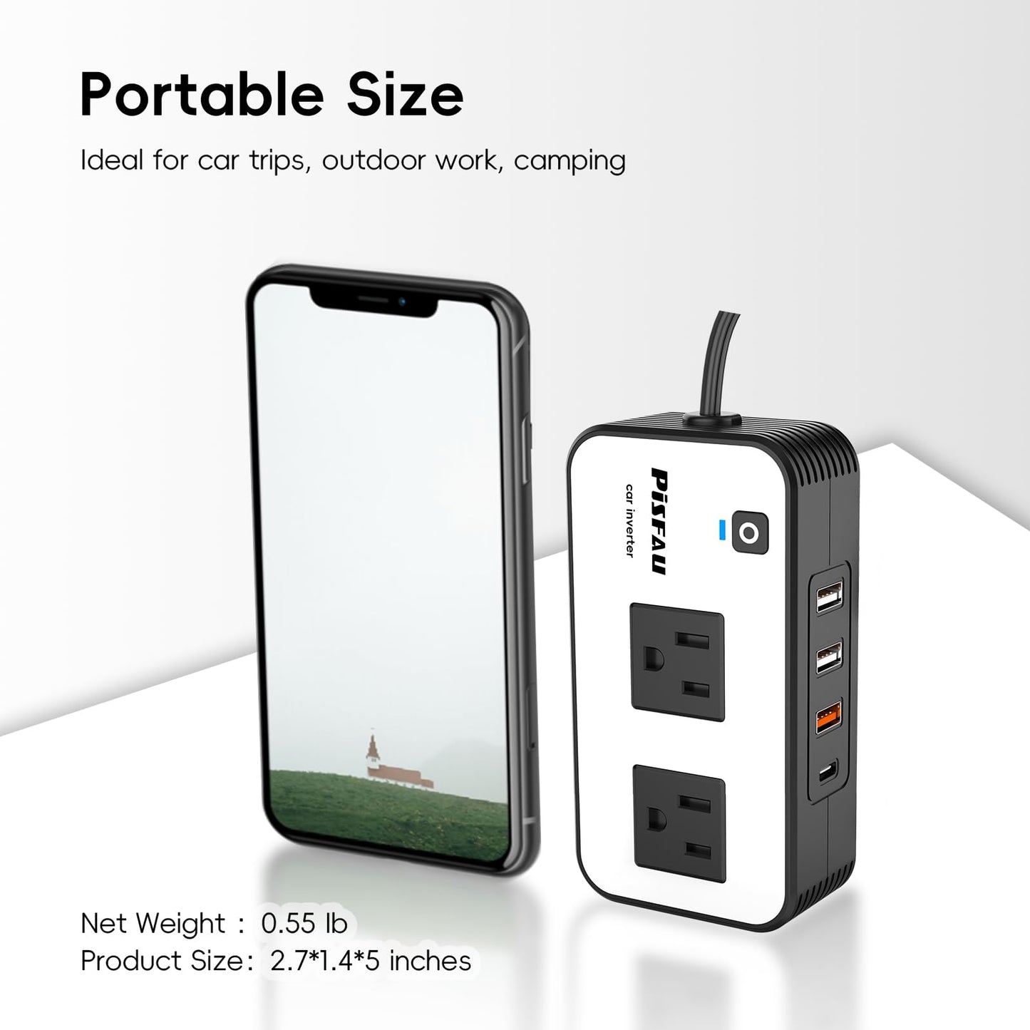 PiSFAU 200W Car Power Inverter, DC 12V to 110V AC Car Plug Adapter Outlet with 4 USB Fast Charging Port, Car Charger Cigarette Lighter Adapter for Laptop
