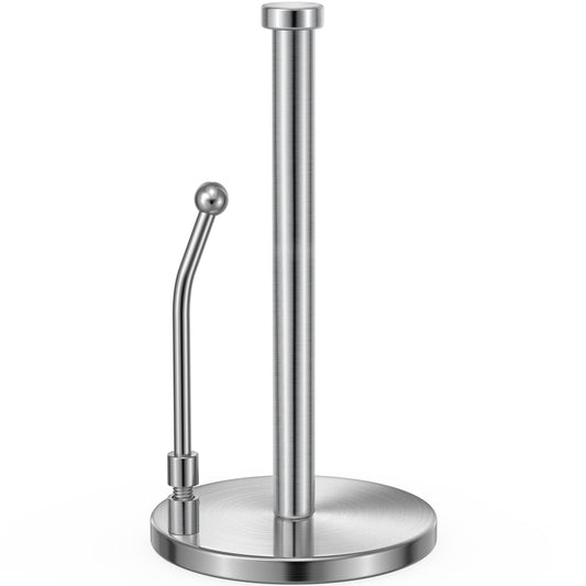 SMARTAKE Paper Towel Holder for One Hand Tear, Paper Towel Dispenser Standing Weighted Base Non Slip, Spring Arm Fit Most Size Paper Roll, Stainless Steel Paper Towel for Kitchen Countertop, Silver