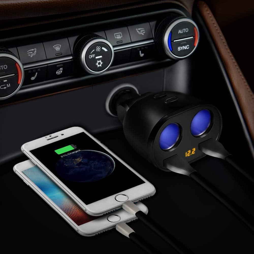 Rocketek USB Car Charger Splitter Adapter, 2 Socket Cigarette Lighter Multi Power Outlet 12V/24V 120W DC with LED Voltmeter Switch Dual USB Port for Mobile Phone Tablet GPS Dash Cam Samsung Tomtom