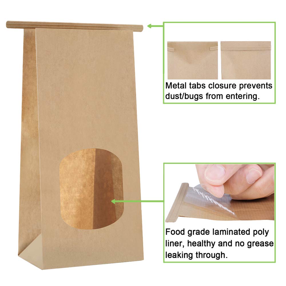 BagDream Cookie Bags 100Pcs 4.5x2.36x9.6 Inches Bakery Bag with Window Small Brown Kraft Paper Bags Tin Tie Tab Lock Treat Bag Recyclable for Coffee Bean Bread Muffin Popcorn Party Wedding Bags