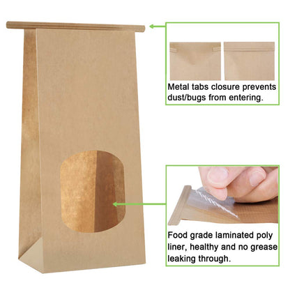 BagDream Cookie Bags 100Pcs 4.5x2.36x9.6 Inches Bakery Bag with Window Small Brown Kraft Paper Bags Tin Tie Tab Lock Treat Bag Recyclable for Coffee Bean Bread Muffin Popcorn Party Wedding Bags
