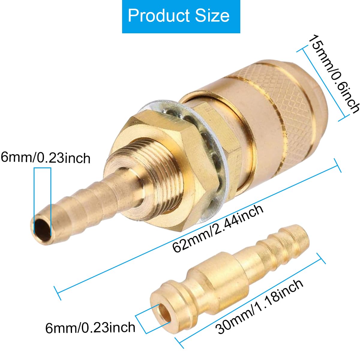 EATBALE M6 Quick Connector Set Quick Water Cooled Gas Adapter Welding Torch Quick Connector No-Leaks Pressure Fitting Hose for MIG TIG Welder Torch Fitting for Welding Torch (Gold & Blue 2 Pcs)