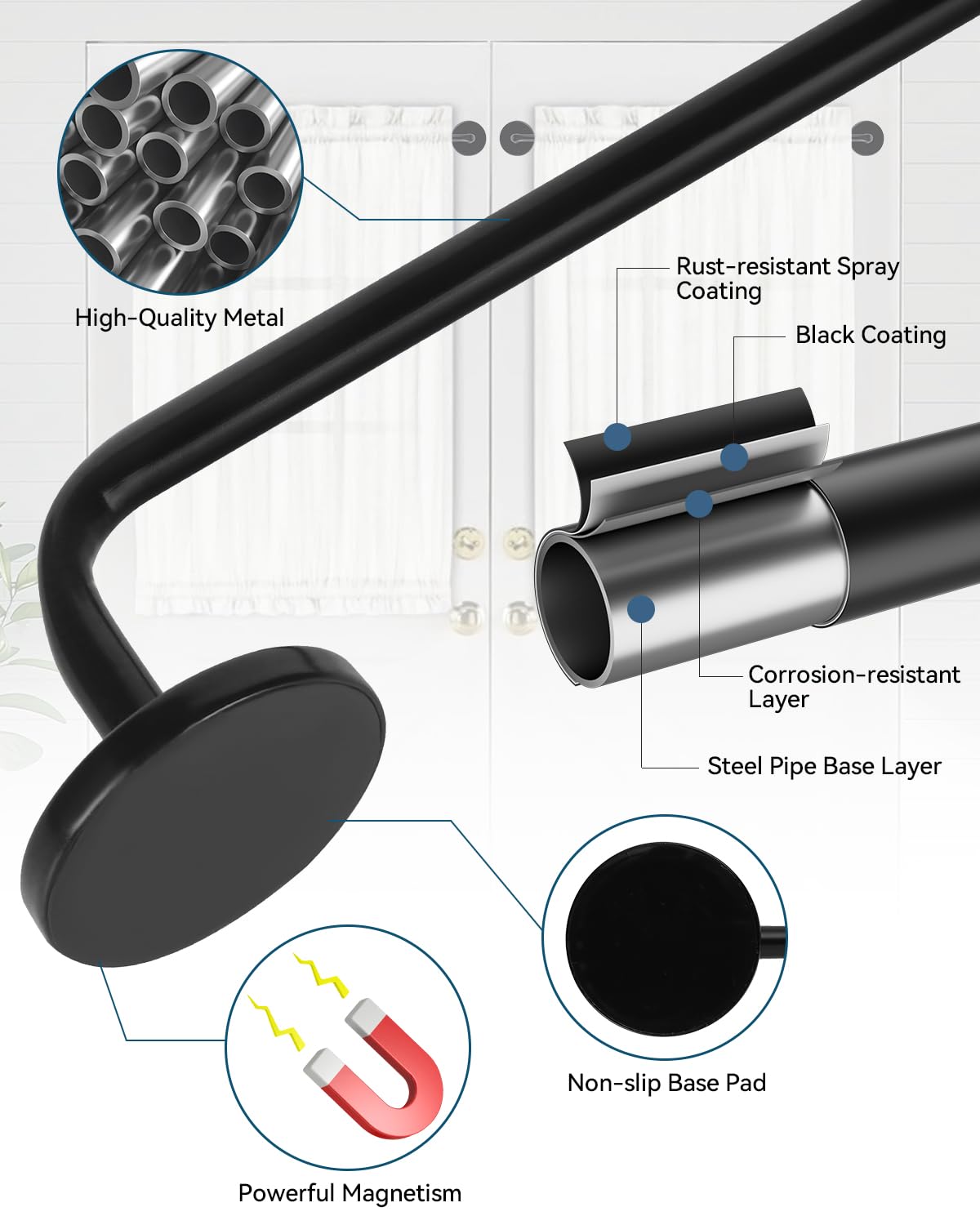 Ruiony Magnetic Curtain Rod for Metal Doors, French Door Curtain Rods Adjustable from 17 to 30 Inch, 3/8 Inch Diameter, Magnet Cafe Rod for Any Metel Surface, No Tool and Easy Install, Black, 2 Pack