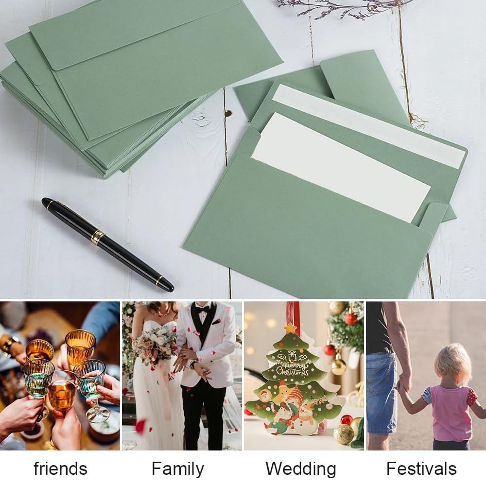 BEANPRECOY 100 Pcs A7 Envelopes, Self-Adhesive Envelopes, 5x7 Envelopes, Printable Invitation Envelopes for Weddings Invitations, Party Invitations, Photos, Postcards, Greeting Cards (Sage Green)