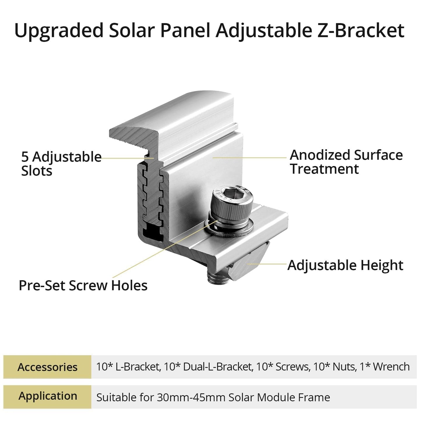 Anbte 10PCS Solar Panel End Clamp, 30-50mm Adjustable, Z Brackets for Solar Panels Include 10 Screws M8, Aluminum Rail End Clamps for Solar Panel PV Mounting System (Silver)