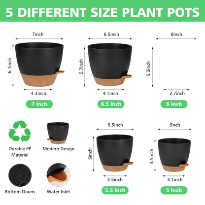 Self Watering Planter Set, 5Pack Small Plastic Plant Pots with Drainage Holes and Saucers, Modern 7+6.5+6+5.5+5 INCH Flower Pots Set for Indoor Outdoor Plants - Black