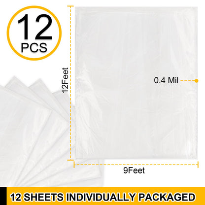12 Pack Plastic Drop Cloth, 9x12 Ft Plastic Sheeting for Painting, Dust-Proof Tear-Resistant Painters Plastics Tarp Cloth for Furniture Floor Sofa Protector Cover Durable & Thick