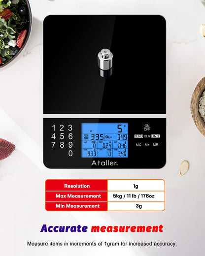 Ataller Food Scale with Nutritional Calculator, Kitchen Diet Scale, Digital Food Calorie Counting Scale for Meal Prep, Kitchen, Baking, Weight Loss, Resolution 1g, Max 5kg 11Ib, Tempered Glass, Black