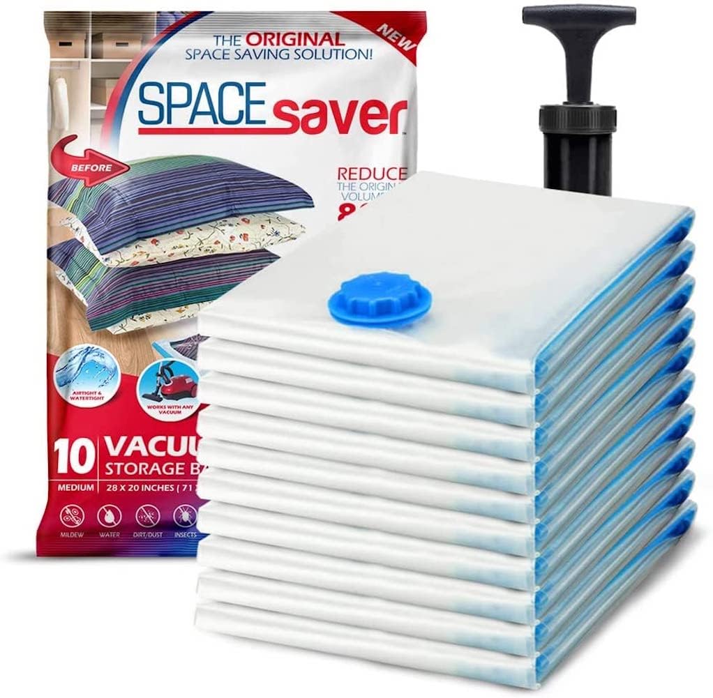 10-Pack Vacuum Storage Bags, Medium by Spacesaver - 70 x 50 cm Vacuum Seal Bags for Clothing, Blankets and Bedding - 80% More Storage - Triple Seal Valve Bag for Travel with Hand Pump Included