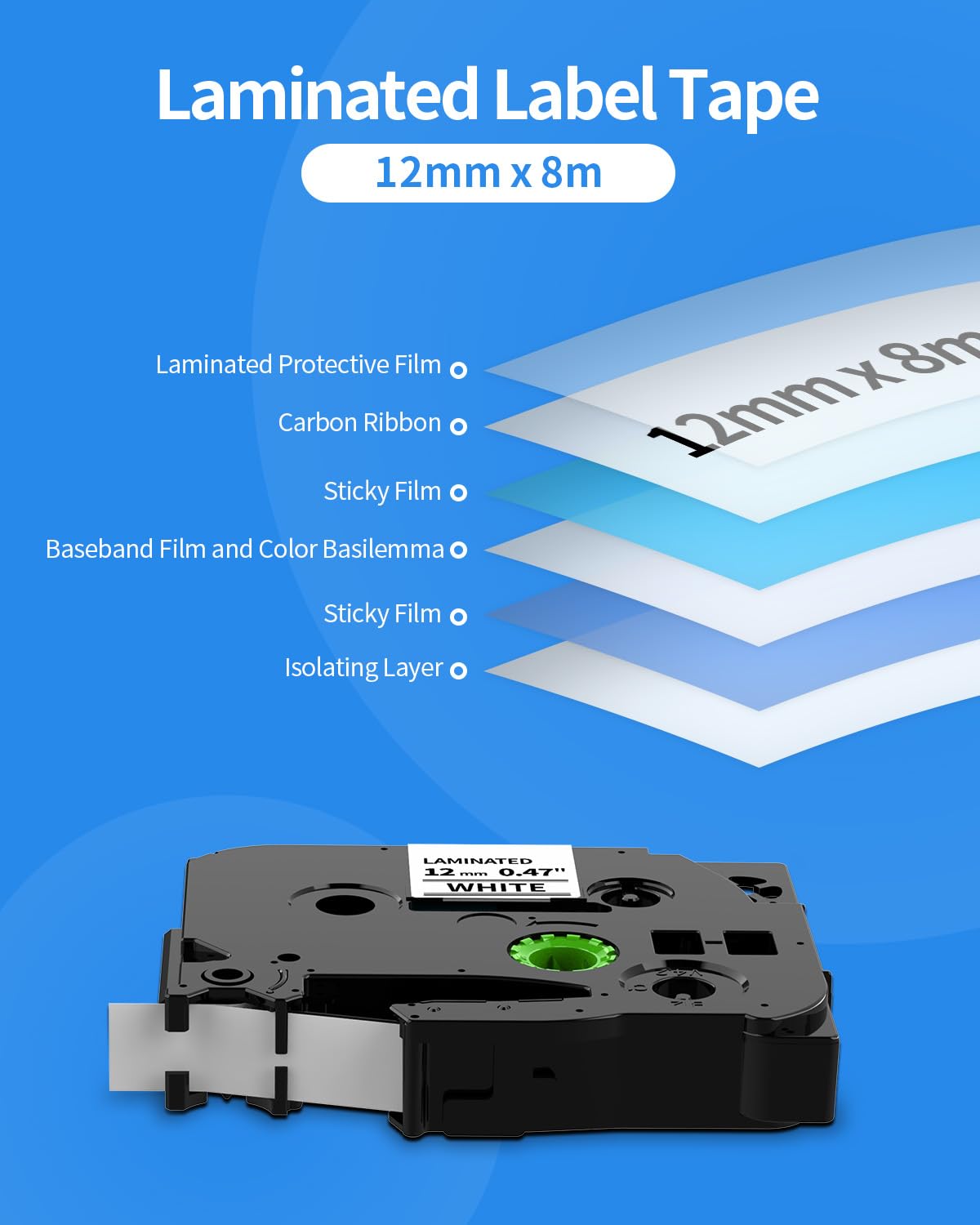 6 Pack Label Maker Tape 12mm Compatible with Brother P Touch D210 D220 D410 H100 H111 H200BP P700 P710BT P750W D610BT, Compatible with Tze Tz Tape 12mm Purple/Turquoise Blue/Orange/Yellow/Red/White