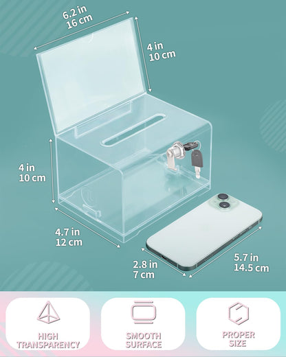 Uniclife 2 Pack Acrylic Donation Box with Lock and Sign Holder 6.2" x 4.7" x 4" Ballot Boxes with Slot Clear Plastic Suggestion Box Storage Container for Fundraising Voting Charity Tip Collection