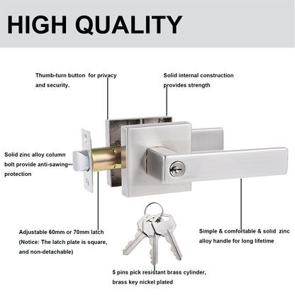 Comfhouse Modern Square Heavy Duty Entry Door Lever, Keyed Entry Door Handle,Zinc Alloy Door Handle, Exterior & Interior Entry Lock with Same Keys, Satin Nickel Finish, 1 Pack