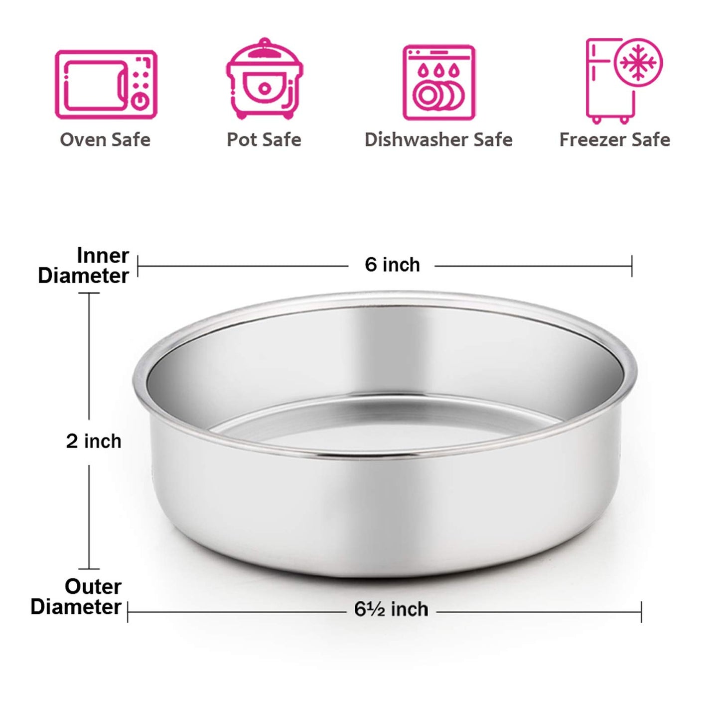 6 Inch Cake Pan Set of 3, E-far Stainless Steel Round Smash Cake Baking Pans, Non-Toxic & Healthy, Mirror Finish & Dishwasher Safe