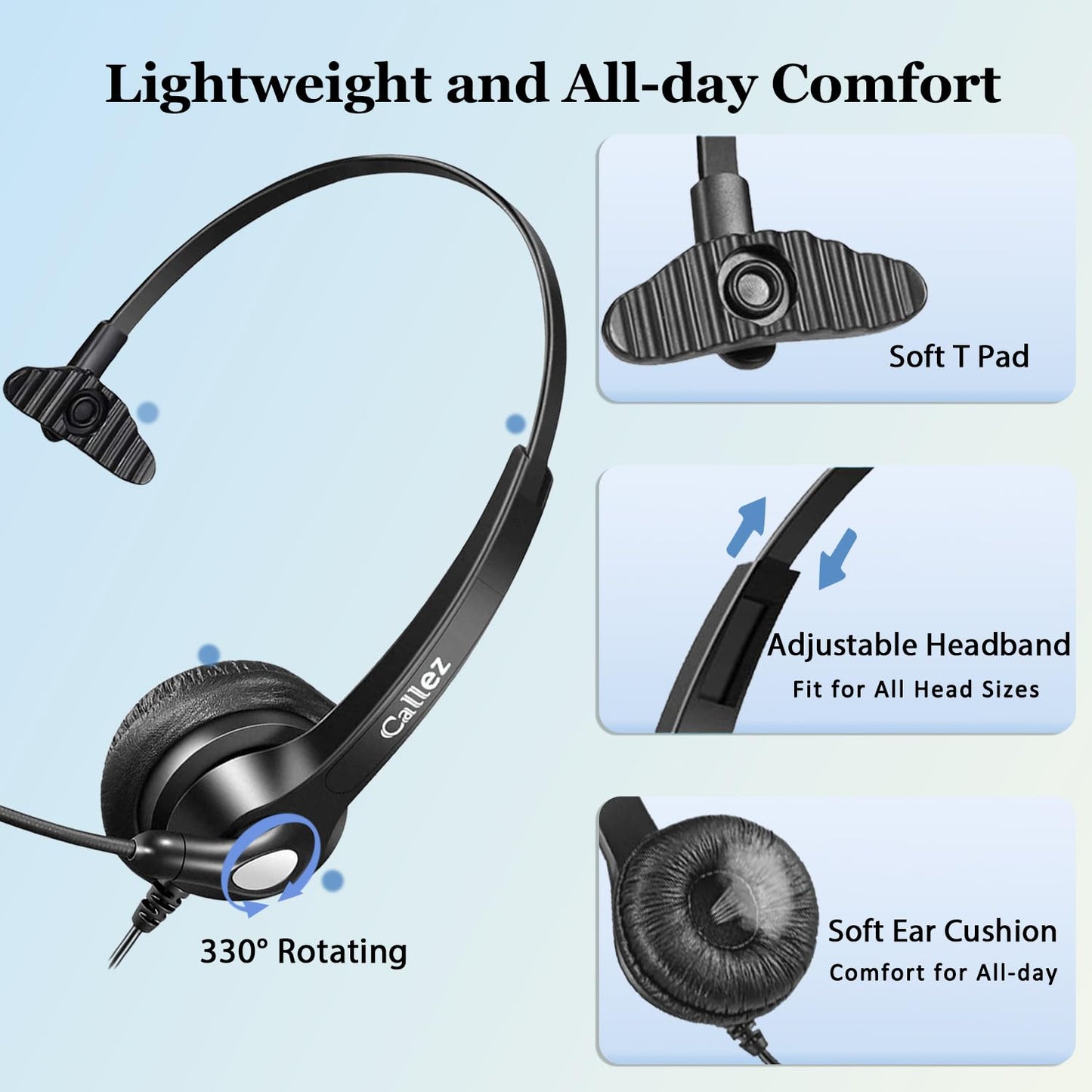 Callez Corded Telephone Headset for Polycom Office Phone with Noise Cancelling Mic, RJ9 Mono Phone Headset Compatible with Polycom Plantronics Avaya ShoreTel Digium Landline Deskphones