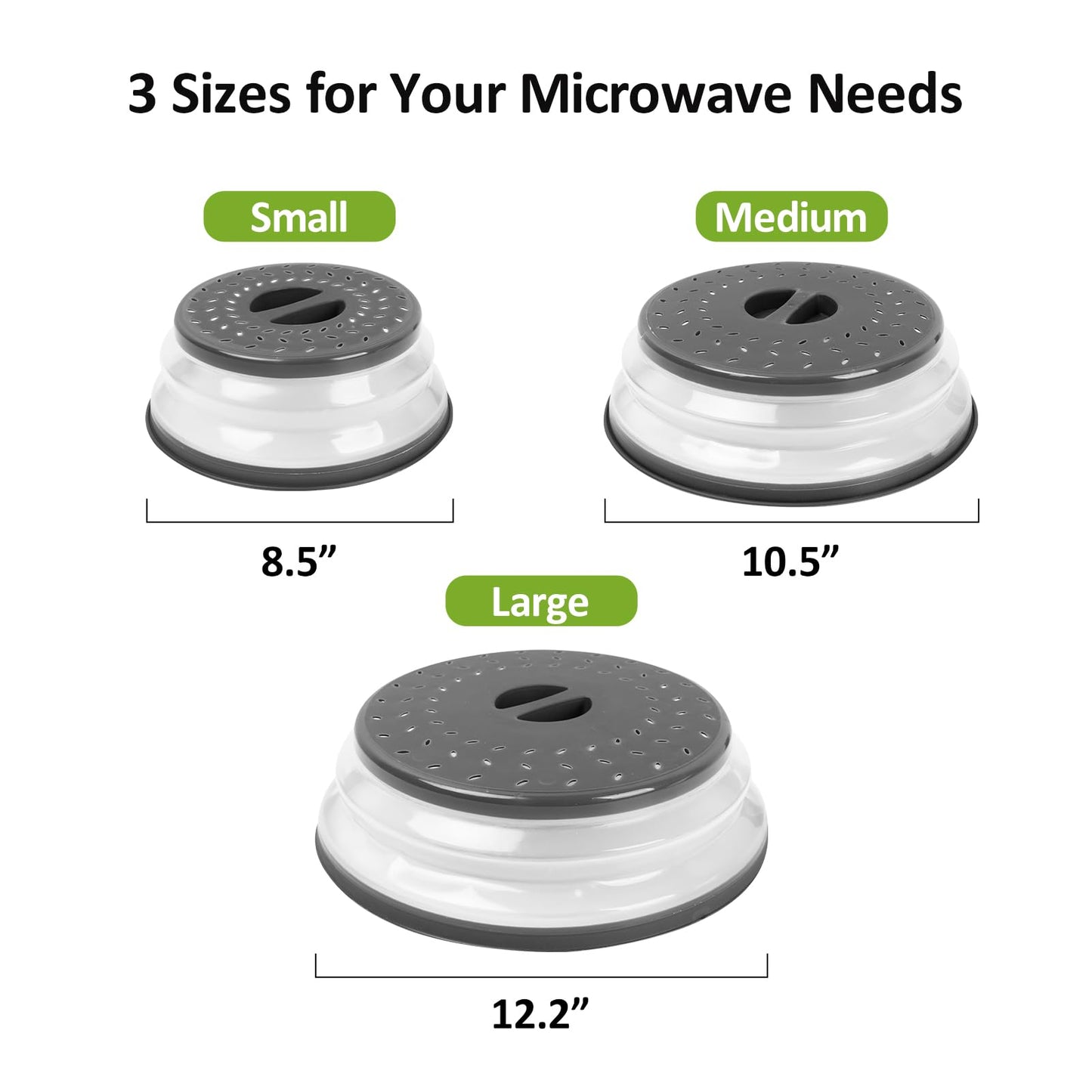 Beprezco Set of Three Microwave Cover for Food Black, Microwave Collapsible Splatter Cover Colander Lid, Dishwasher-Safe, BPA Free