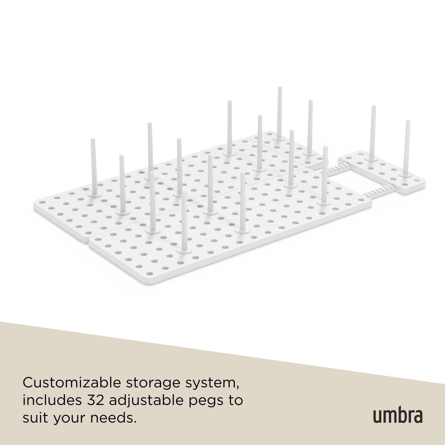 Umbra Peggy Kitchen Drawer Cupboard Organizer Tray - Adjustable Storage System For Food Containers, Cookware, Serveware, Utensils and More, White