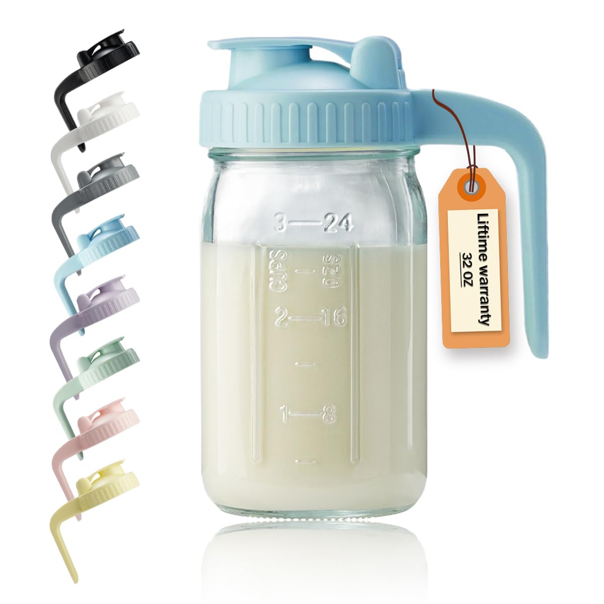 Pitcher with Lid & V-Shaped Pour Spout - 1 Quart Wide Mouth Mason Jar Pitcher Double Leak Proof, Creamer Container for Sun Tea, Juice, Cold Brew Coffee, Coffee Creamer Container