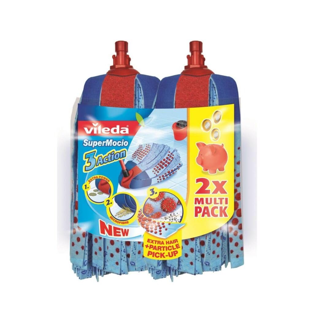 Vileda Wischmop Ersatzköpfe SuperMocio 3Action XL Refill, Twin Pack, Pack of 2, Multi-Colour