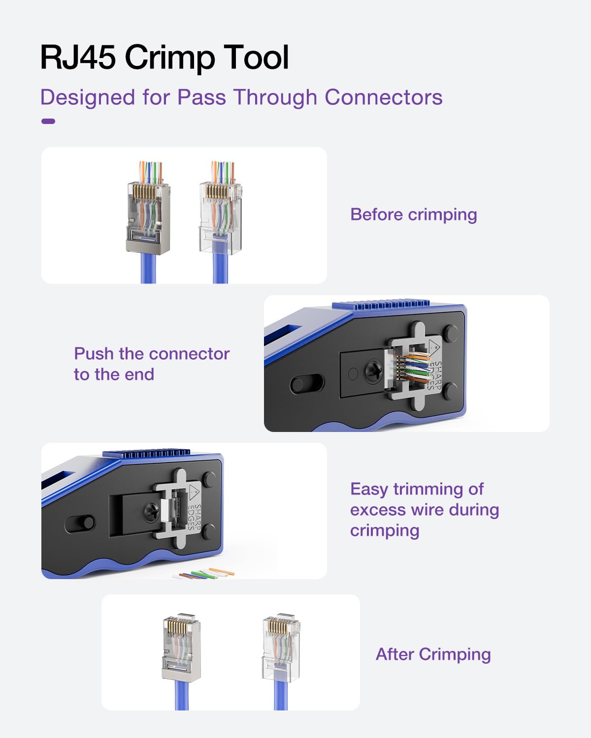 VCE RJ45 Crimper Pass Through, Ethernet Crimping Tool for Cat6 Cat7 Cat5 End Pass-Thru Connector, Support Stripping & Cutting