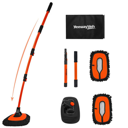 YeewayVeh 140cm 55" Car Wash Brush Mop with Long Handle, 15 Degree Curved Extendable Car Wash Brush with Extra Microfiber Mop Head, Soft Washing Brushes with Storage Bag for Truck SUV Cleaning,Orange