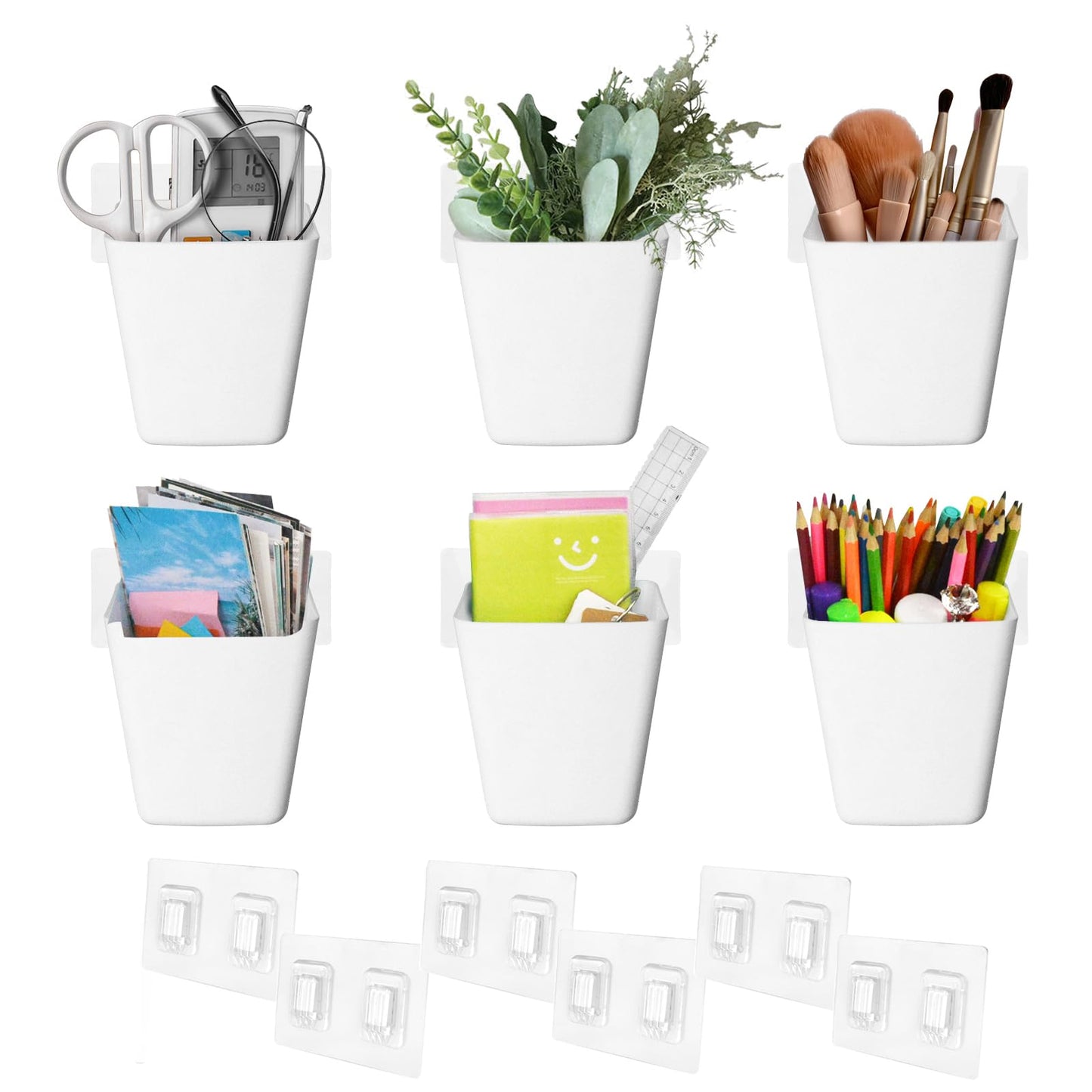 Wall Caddy Pen Holders, 6 Pack Large Pencil Cups Organizer for Marker / Remote / Crayon / White Board Accessories, with Adhesive Stickers, Office Home Craft Class Kids Room Art Organization (White)