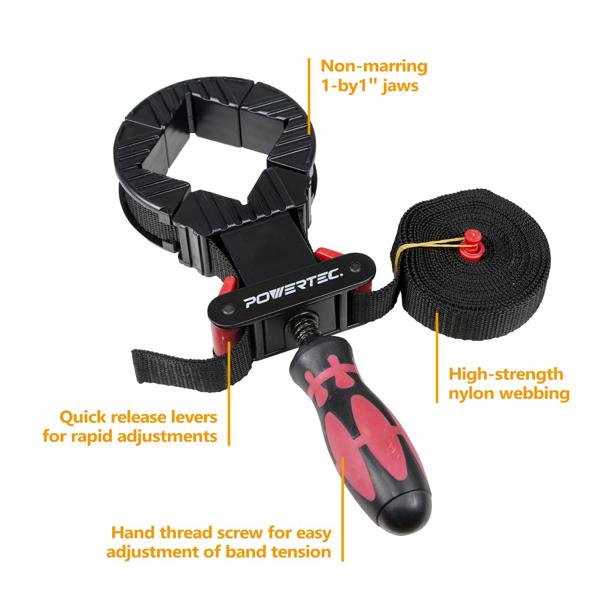 POWERTEC Strap Clamps for Woodworking – Quick Release Band Clamps with Ergonomic Handle, Adjustable Picture Frame Clamp, 13 ft Strap Belt Clamps for Cabinets and Drawers (71101)