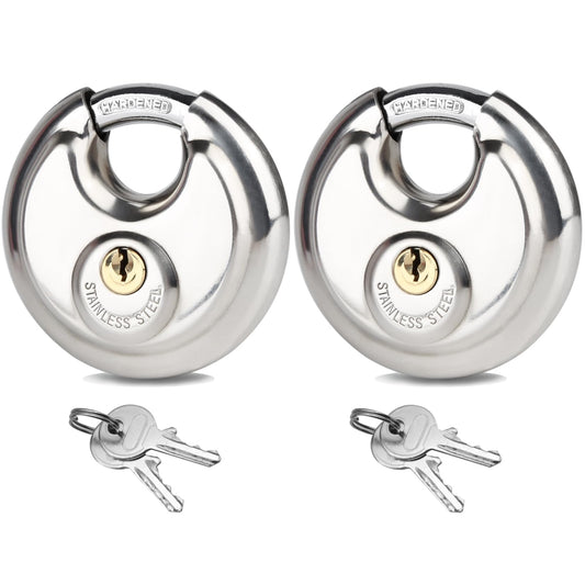 2Pack Padlocks Keyed Alike, 2-3/4"(70mm) Disc Locks for Storage Unit, Stainless Steel Locks with 4 Keys, Outdoor Waterproof Storage Lock for Storage Locker, Shed, Gate, Fence, Warehouse