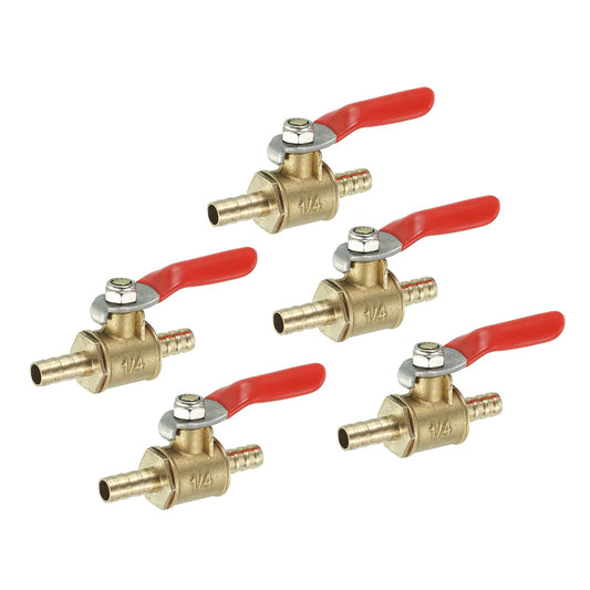 uxcell 1/4" Mini Ball Valve, Brass Shut-Off Valve Switch Hose Barb Pipe Tube Fittings 90 Degree Red Operation Handle, Brass Valve, 5 Pcs