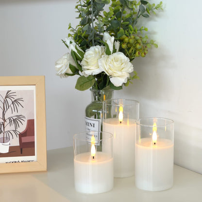 Clear Glass Flameless Candles Battery Operated with Timer, Remote Control, LED Pillar Candles Battery Powered, D3 H4 5" 6", Set of 3 (White)
