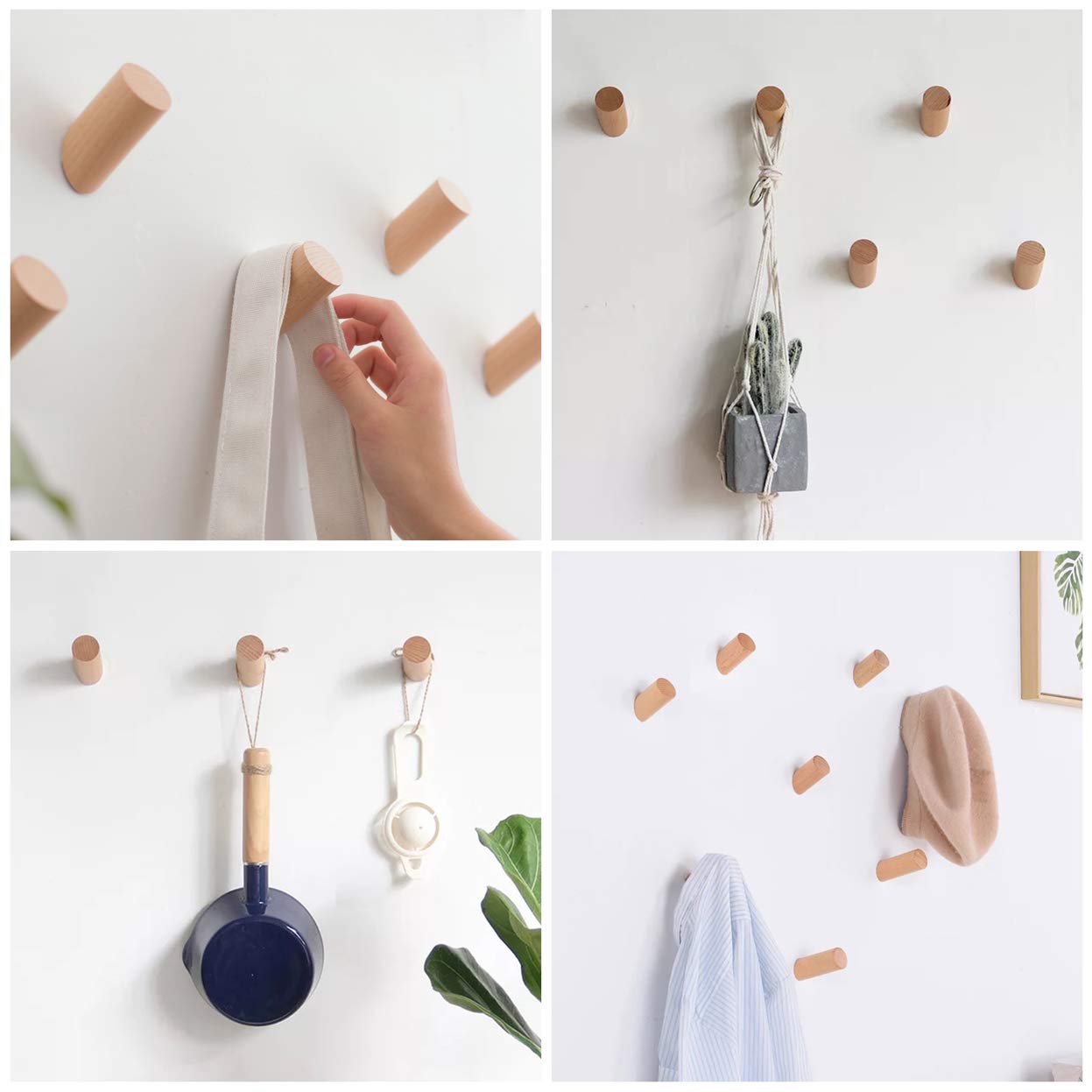 HomeDo 6Pack Wall Hooks Rack, Wooden Coat Hooks Wall Mounted, Entryway Hat Rack, Decorative Hooks Single Organizer Wall Hanger Hat Hook Towel Rack, Heavy Duty Hooks (Beech-8cm, 6Pack)
