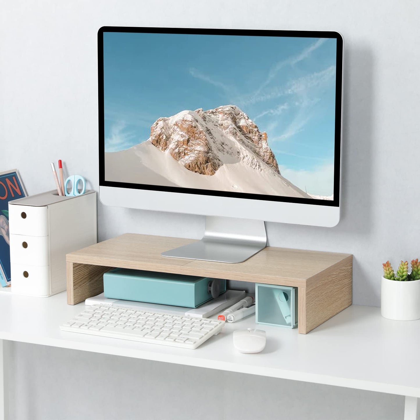 20 inch Monitor Stand Riser, Wood Monitor Stand for Desk, TV/Screen/PC/Printer/Laptop Riser, Computer Stand with Keyboard Organizer, Black Desktop Stand, Monitor Riser by TEAMIX (Maple)