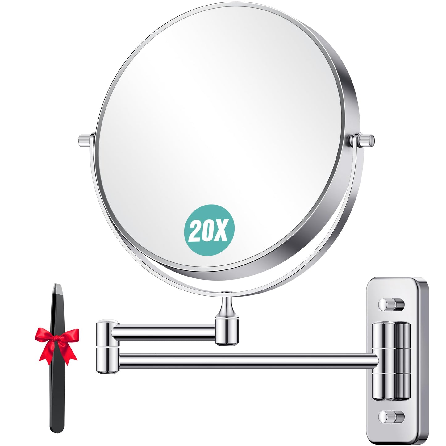 Auxmir 20X/1X Wall Mounted Makeup Mirror, 8" Double-Sided Magnifying Mirror with Tweezers, Bathroom Vanity Makeup Mirror, Cosmetic Mirror with 360° Swivel Extendable Arm, Chrome