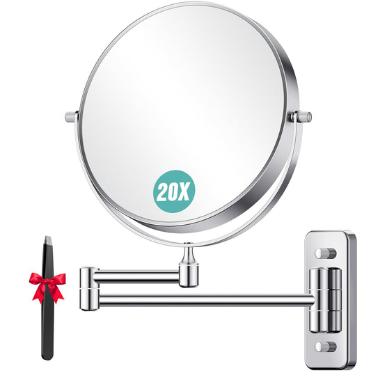 Auxmir 20X/1X Wall Mounted Makeup Mirror, 8" Double-Sided Magnifying Mirror with Tweezers, Bathroom Vanity Makeup Mirror, Cosmetic Mirror with 360° Swivel Extendable Arm, Chrome