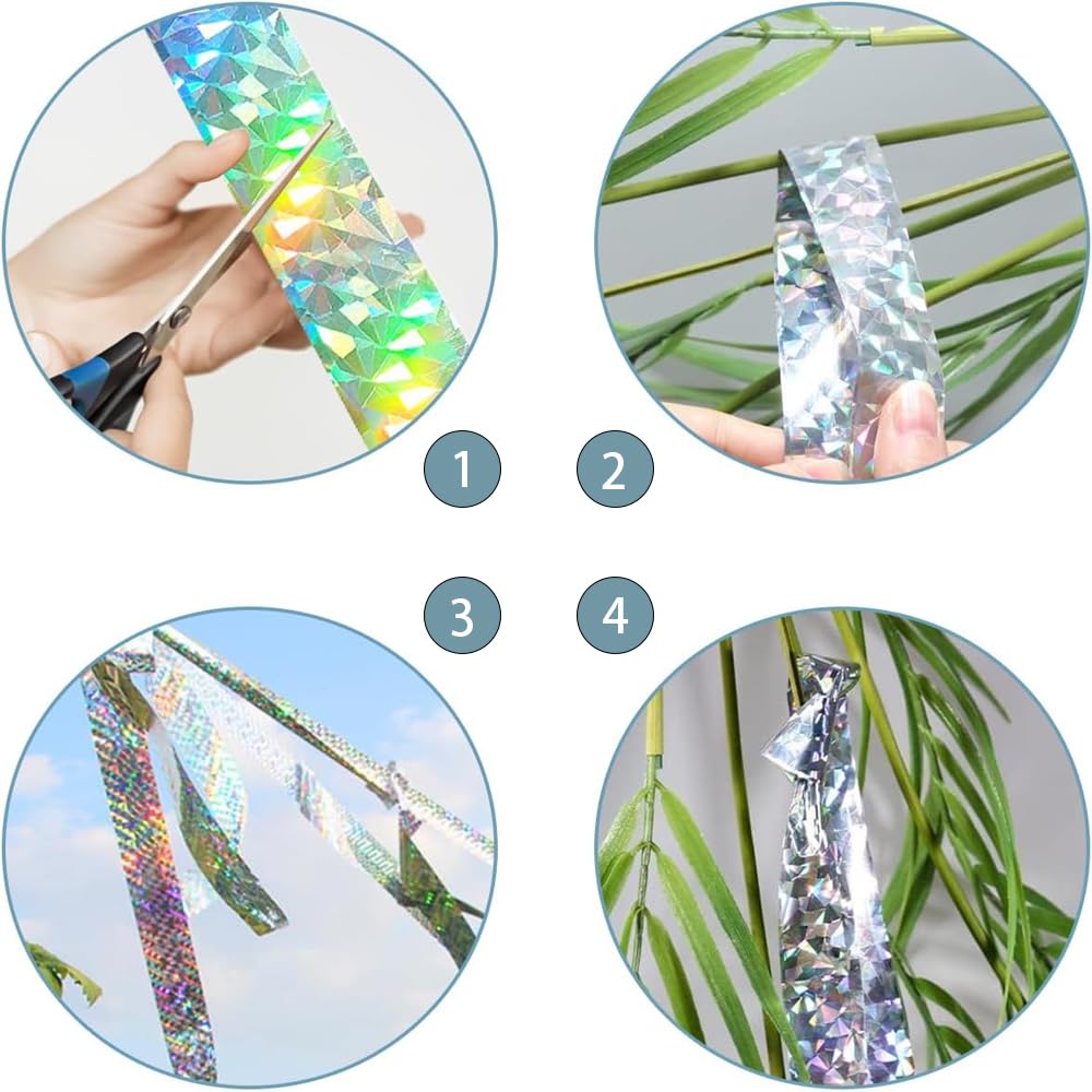 4 Pcs 1048ft Bird Repellent Devices Outdoor Bird Scare Tape Ribbon Hanging Reflective Bird Tape Ribbon Bird Deterrents for Outside Pigeon Deterrent Balcony for House Garden (4, Laser Silver Floral)