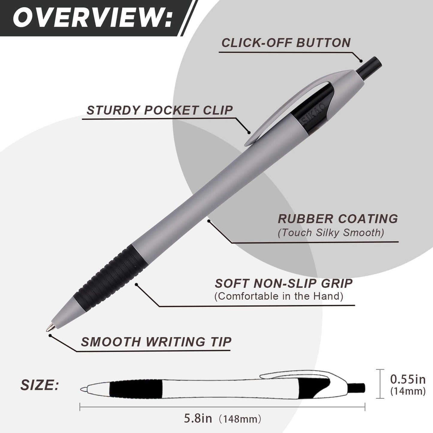 Sikao Pens Bulk, 60 Pack Minimal Gripped Slimster Ballpoint Pens, Black Ink 1.0mm, Smooth Writing Click Pens in White Grey Black, Ideal for Office, School, Teachers, Students & Front Desk Use