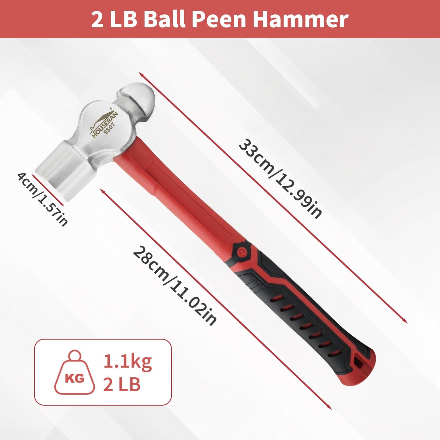 HOUSERAN Ball Peen Hammer 1.1kg, Big Ball Pein Hammer with Non-Slip Rubber Grip, Metal Hammer for Metal Work, Rounding, Mechanics