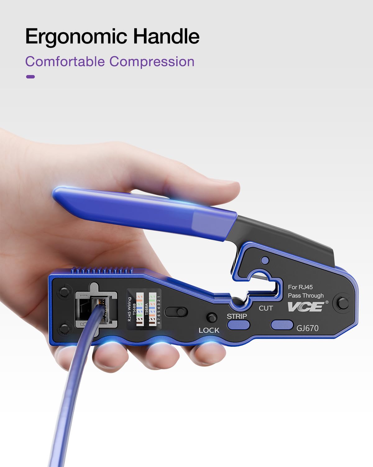 VCE RJ45 Crimper Pass Through, Ethernet Crimping Tool for Cat6 Cat7 Cat5 End Pass-Thru Connector, Support Stripping & Cutting