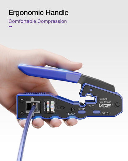 VCE RJ45 Crimper Pass Through, Ethernet Crimping Tool for Cat6 Cat7 Cat5 End Pass-Thru Connector, Support Stripping & Cutting